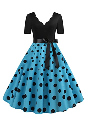 Yming Frauen Audrey Hepburn Kleid Polka Punkt Kleid Mit Gürtel Hoher Taille Kleid Knielang A-Line Kleid Hell Blau XS von Yming