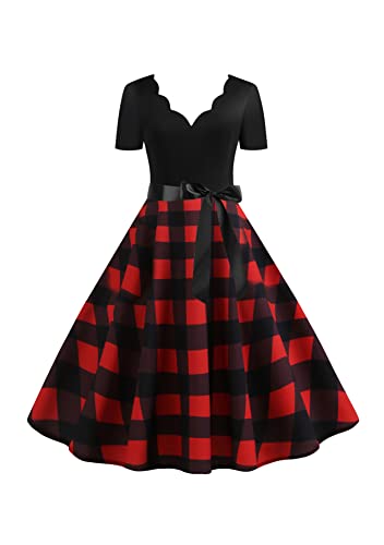 Yming Frauen Audrey Hepburn Kleider Kariertes Kleid Mit Gürtel Karierte Partykleider Vintage Sommerkleid Rot Schwarz S von Yming