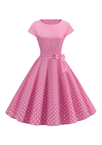 Yming Frauen Audrey Hepburn Kleider Mit Gürtel Runder Ausschnitt Cocktailkleid Vintage Sommerkleid Rockabilly Kleid Mit Punkten Rosa XS von Yming