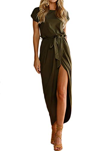 Yming Frauen Basic Einfache Pullover Gürtel Kleid Kurzarm Langes Casual Solid Muticolor Maxikleid Armee Grün M von Yming