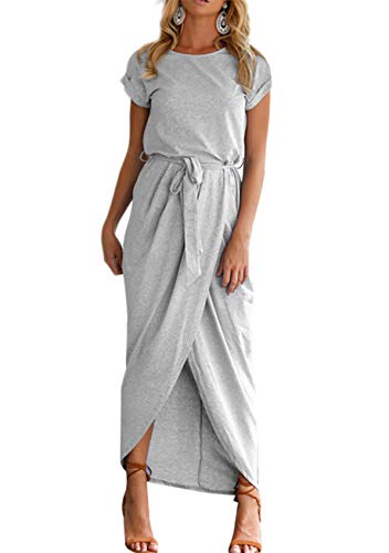 Yming Frauen Basic Einfache Pullover Gürtel Kleid Kurzarm Langes Casual Solid Muticolor Maxikleid Grau M von Yming