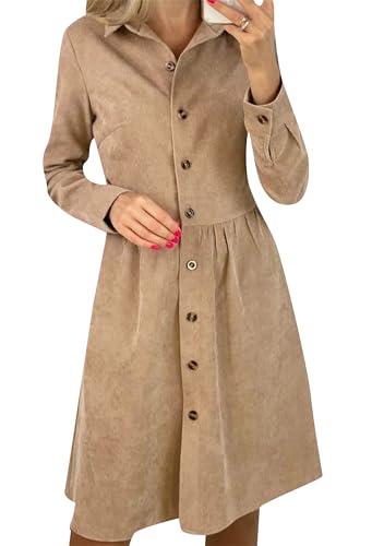 Yming Frauen Basic Tunika Kleid Eine Linie Lose Casual Kleid Langarm Single Breasted Cord Kleid Khaki L von Yming