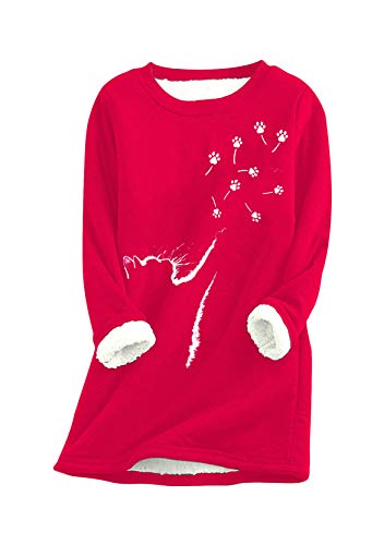 Yming Frauen Bedrucktes Oberteil O-Ausschnitt Pullover Teddy Fleece Sweatshirts Katzenpfote Pullover MZ-Rot XS von Yming