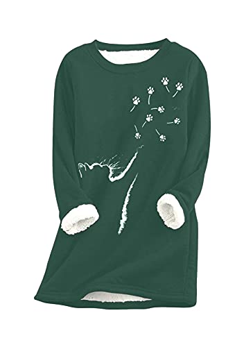 Yming Frauen Bedrucktes Pullover Katzenpfote Oberteil Langarm Pullover Teddy Fleece Pullover MZ-Grün XXL von Yming