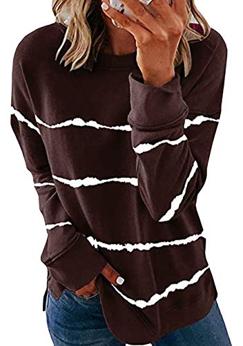 Yming Frauen Beiläufig Langarmshirt Gestreift Tops Sweatshirt Freizeit Oberteil Kaffee XXL von Yming