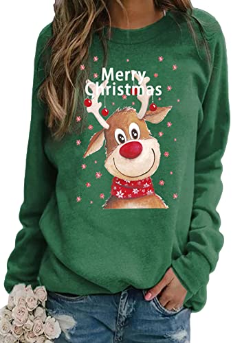 Yming Frauen Bell Hirsch Sweatshirts Langarm Rundhals Pullover Freizeit Sweatshirts Grün L von Yming