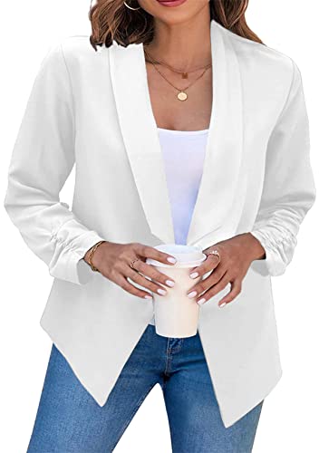 Yming Damen Knopflose Jacke Büroarbeit Anzugjacke Volltonfarbe Leichter Blazer Reines Weiß L von Yming