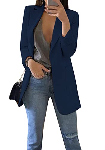 Yming Damen Elegante Lockere Strickjacke Reverskragen Knopfloser Blazer Mit Taschen Navy Blau XXL von Yming