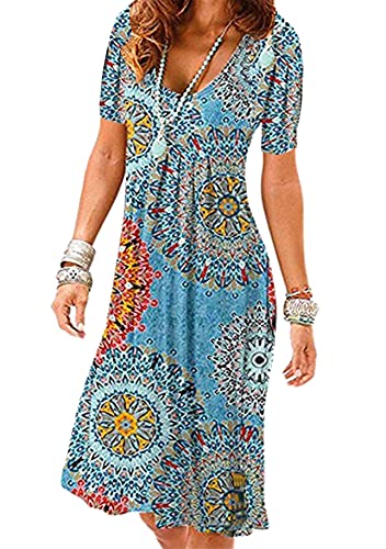 Yming Frauen Blumendruck Strandkleid Casual Knielang Freizeikleid Große Größe Blauer Jahresring XXXL von Yming