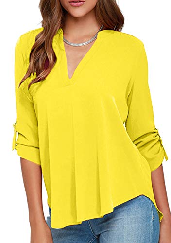 Yming Frauen Blusen Casual V-Ausschinit Tops mit Bündchen Lose Halber Ärmel Shirt Gelb XXXL von Yming