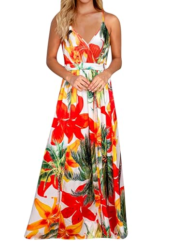 Yming Frauen Boho Verstellbare Schulter Tropisches Kleid Lose Hawaiianisch Tief V Ausschnitt Kleid Hochzeit Flowy Langes Kleid 053 Hong S von Yming