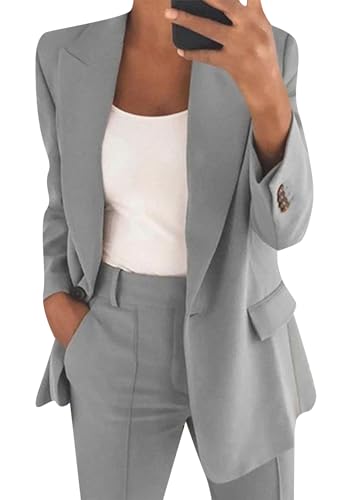 Yming Frauen Business Jacke Anzug Solid Lose Revers Blazer Offene Front Langarm 2PCS Büro Anzug mit Taschen Grau 2XL von Yming