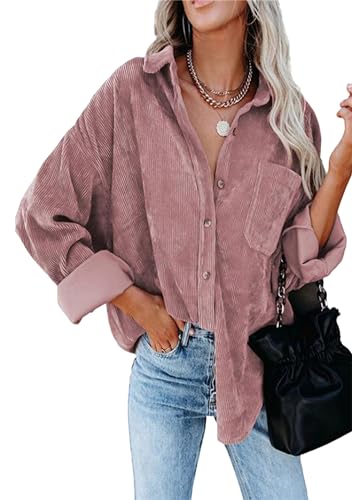 Yming Frauen Button Down Hemden Revers Jacken mit Taschen Kord Langarm Hemden Rosa XXL von Yming