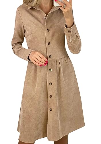 Yming Frauen Formal Basic Tunika Kleid Eine Linie Lose Casual Kleid Langarm Single Breasted Cord Kleid Khaki L von Yming