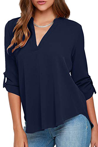 Yming Frauen Casual Blusen V-Ausschinit mit Bündchen Lose Halber Ärmel Shirt Navy Blau XXXL von Yming