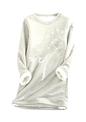 Yming Frauen Casual Fleece Tops Rundhals Gefüttert Weiche Bluse Pullover Katze Pfote Muster Pullover Hell Grau XXL von Yming