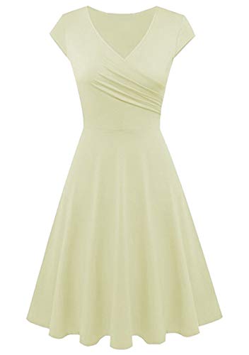 Yming Frauen Casual Flügelärmel Kleid V-Ausschnitt Kleid Einfarbig Partykleid Beige M von Yming