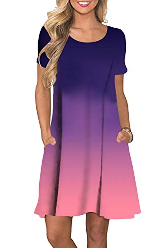 Yming Frauen Casual Freizeitkleid Farbverlauf Kleid Casual Freizeitkleid Kurzarm Sommerkleid mit Taschen JB-Violett XXL/DE 44 von Yming