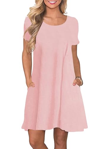 Yming Frauen Casual Kurzarm Kleid Lose T-Shirt Kleid Rundhals Kleid mit Taschen Mini Kleid Rosa L/DE 40-42 Yming Frauen Casual Kurzarm Kleid Lose T-Shirt Kleid Rundhals Kleid mit Taschen Mini Kleid Rosa L/DE 40-42 von Yming