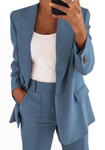 Yming Frauen Casual Langarm 2PCS Blazer Anzug Lose Revers Kragen Jacken Anzüge Leichte offene Front Blazer Blau XL von Yming