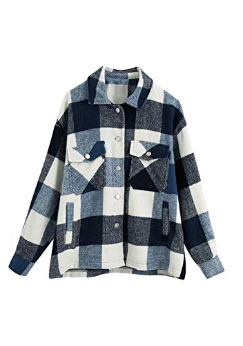 Yming Frauen Casual Plaid Mantel Tunika mit Brusttaschen Hemdbluse Langarm Blusenshirt F-Blau XL von Yming