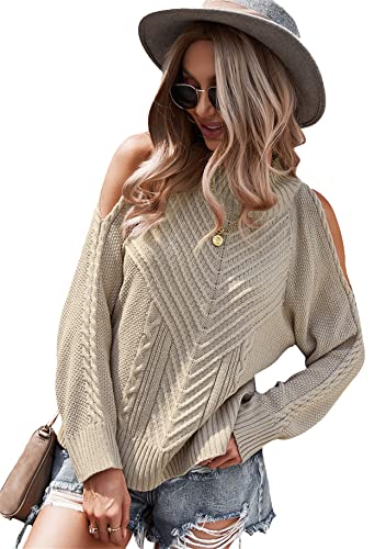 Yming Frauen Casual Pullover Rundhalsausschnitt Langarm Pullover Seitenschlitz Halter Pullover Offene Schulter Tops Khaki M von Yming