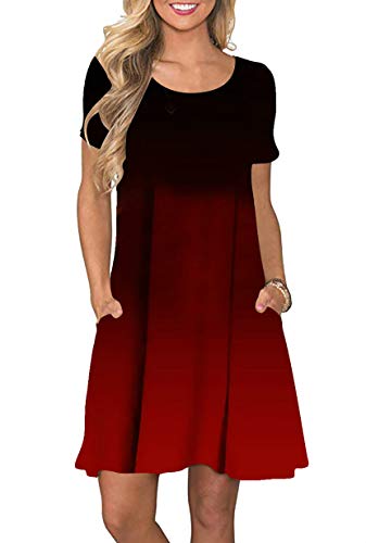 Yming Frauen Casual Shirtkleid Kurzarm Minikleid Rundhals Kleid mit Taschen JB-Burgund XXL/DE 44 von Yming