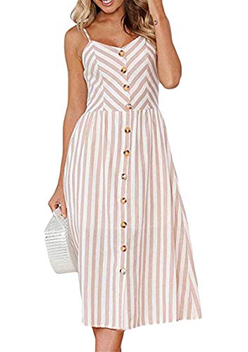 Yming Frauen Casual Sommerkleid mit Knöpfen Spaghetti Kleid Midi Party Kleider Hellbraun M von Yming