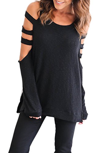 Yming Frauen Casual Strickshirt Langarm Rundhals Lose Tops mit Loch Schulterfrei Bluse Schwarz L von Yming