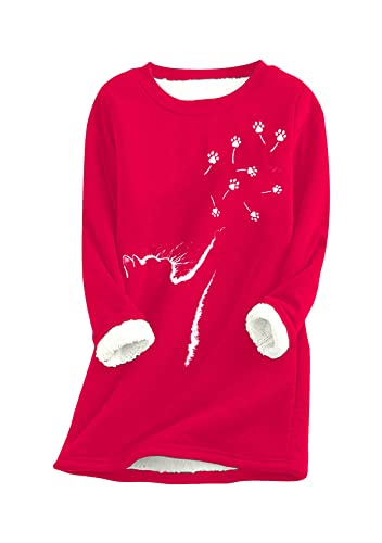 Yming Frauen Casual Sweatshirt Rundhalsausschnitt Pullover Langarm Plüsch Katzenpfote Muster Blusen Rot M von Yming