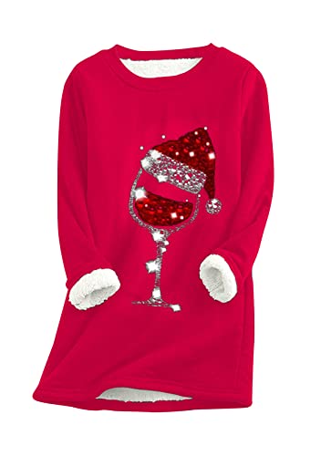 Yming Damen Plus Größe Plüsch Pullover Fleece Gefüttert Sweatshirts Weihnachten Warm Pullover Weinglas Muster Tops Rot S von Yming