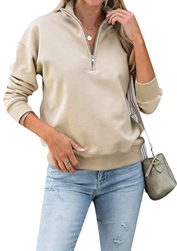 Yming Frauen Causal Half Zip Pullover Langarm Kragen Sweatshirts Laufjacke Beige S von Yming