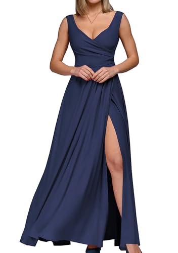 Yming Frauen Cocktail Wickelkleid mit V-Ausschnitt Partykleid A-Linie mit Schlitz Abendkleid Kleid Hochzeit Gast Split Kleid Marineblau M von Yming