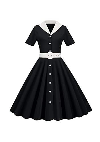 Yming Frauen Cocktailparty Abend Reverskragen Abendkleid Kleider Einfarbig Rockabilly Trapez Sommerkleid Schwarz L von Yming