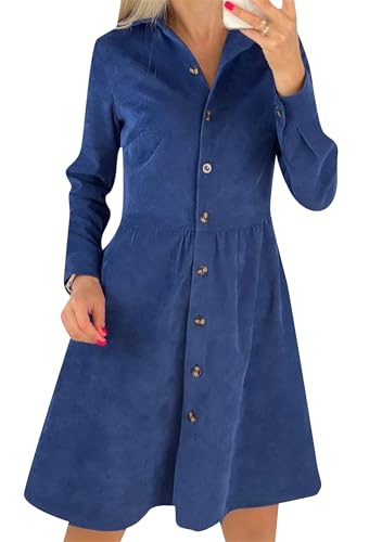 Yming Frauen Cord Single Breasted Einfarbig Kleid Basic Lose Tunika Einfache Business Casual Kleid Blau M von Yming