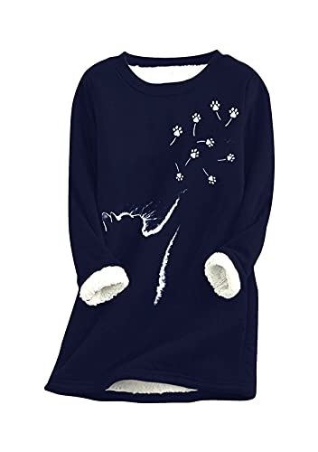 Yming Frauen Dicker Fleece Sweatshirts Rundhals Pulli Katzenpfote Langarm Pulli Bedrucktes Oberteil MZ-Navy Blau 3XL von Yming