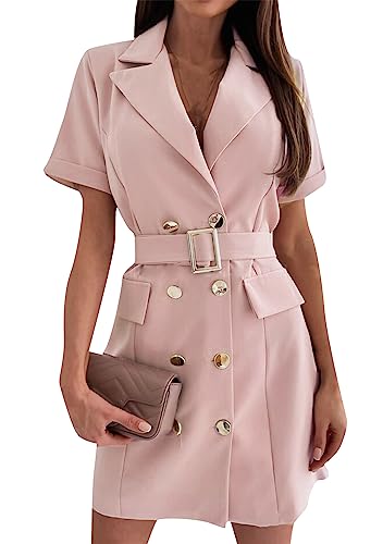 Yming Frauen Doppelbrüstiges Blazerkleid V-Ausschnitt Revers Kurzarm Schlankes Anzugkleid mit Gürtel Rosa L von Yming