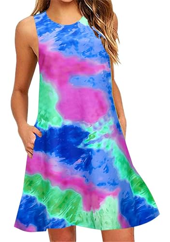 Yming Frauen Dünn Bequem A-Linie Strand Boho Tank Kleid Tie-Dye Cozy Plain Sport Stil Kurzes Kleid Blau 3XL von Yming