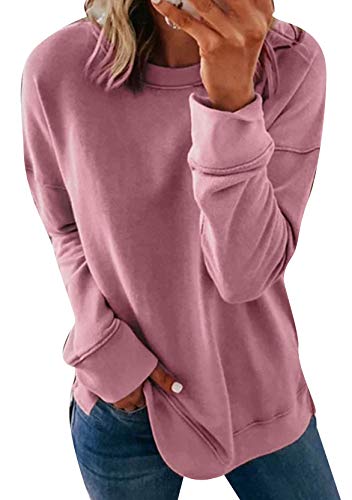 Yming Frauen Einfarbig Oberteil Lose Rundhals Sweatshirt Langarm Frizeit Oberteil Rosa L von Yming