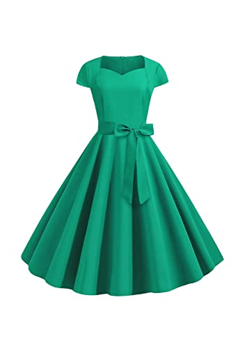 Yming Frauen Einfarbiges Kleid Mit Gürtel Unsichtbarer Sommerkleid Trapez Elegantes Vintage Kleid Rot Grün L von Yming
