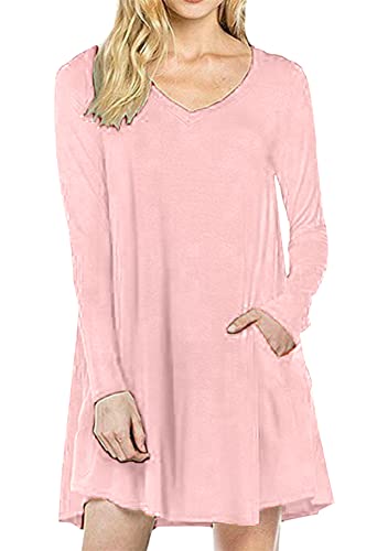 Yming Frauen Elegant Langarmshirt Kleid V-Ausschnitt Kleid Swing Kleid Rosa XXL von Yming