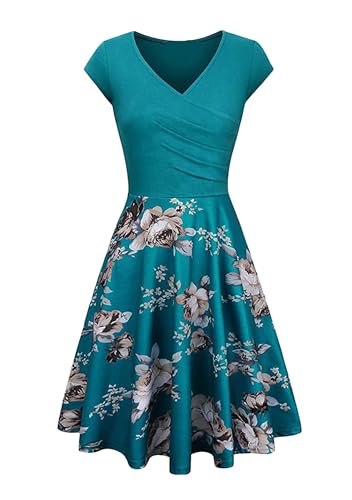 Yming Frauen Elegant Safrandruckes Kleid Midikleid Cocktailkleid V-Ausschnitt Partykleid Audrey Türkis Safran XXL von Yming