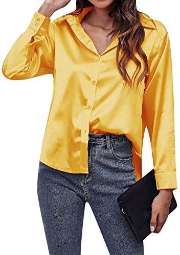 Yming Frauen Fest Farbe V Hals Hemden Button Down Satin Hemden Langarm Übergröße Shirt Gelb XXL von Yming