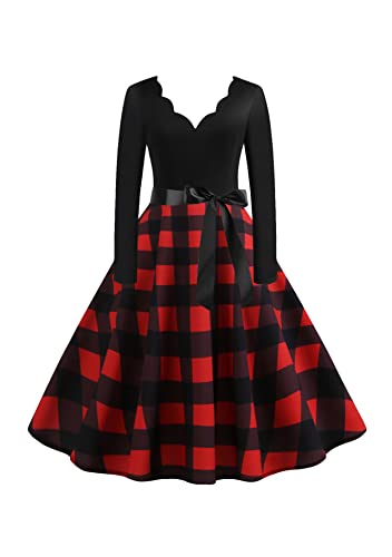 Yming Frauen Festlich Kleid Vintage Hochzeitstagkleid Karo Rockabilly Kleid Knielanges Ballkleider Rot Schwarz S von Yming