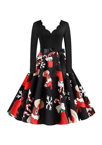Yming Frauen Festliche Langarm Prom Kleid Santa Gedruckt V-Ausschnitt Kleid Hohe Taille Cocktail A Line Kleid Blk Elch 2XL von Yming