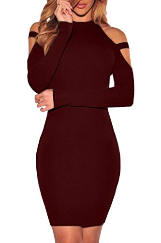 Yming Frauen Figurbetontes Langarm Kleid Rollkragen Kleid Sexy Partykleid Burgundy M/DE 38 von Yming