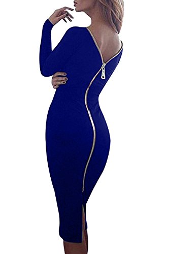 Yming Frauen Figurbetontes Partykleid Bleistiftkleid Langarm Einfärbig Rückenfreies Kleid Saphir Blau L/DE 40-42 von Yming