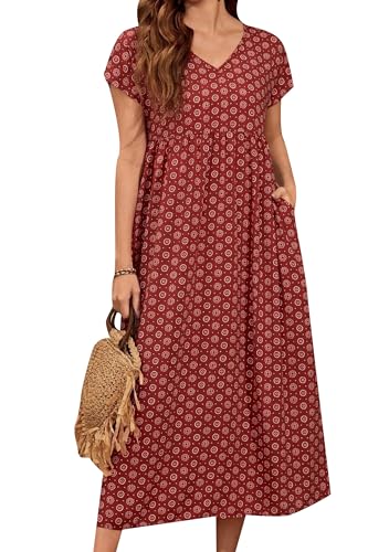 Yming Frauen Floral Bedruckt Strand Outfits Kleid Rüschen Sommer Plus Größe Kleid Casual Long Maxi Dress Ziegelrot 3XL von Yming