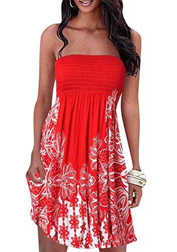 Yming Frauen Floral Print Schlauchkleid Trägerloses Strandkleid Beiläufige Sommer Cover Ups Kleid Knielanges Böhmisches Kleid Rot S von Yming