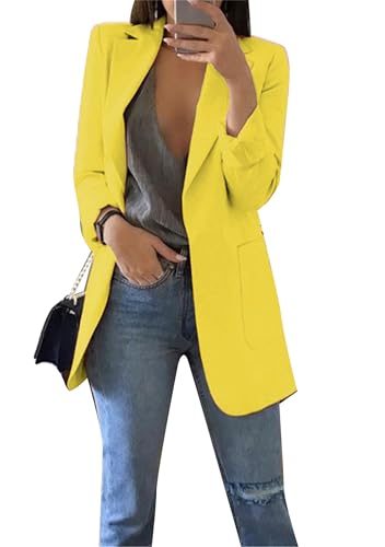 Yming Frauen Formal Dressy Slim Fit Plus Size Cardigan Leichter Splicing Mid Long Blazer Gelb 3XL Yming Frauen Formal Dressy Slim Fit Plus Size Cardigan Leichter Splicing Mid Long Blazer Gelb 3XL von Yming